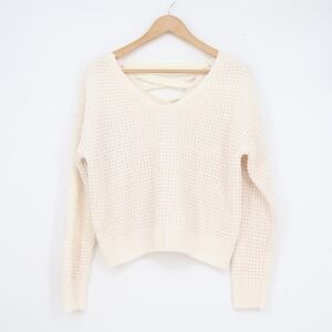 No Comment NY-LA Cream Waffle Knit Lace Up Back V-Neck Sweater Womens M